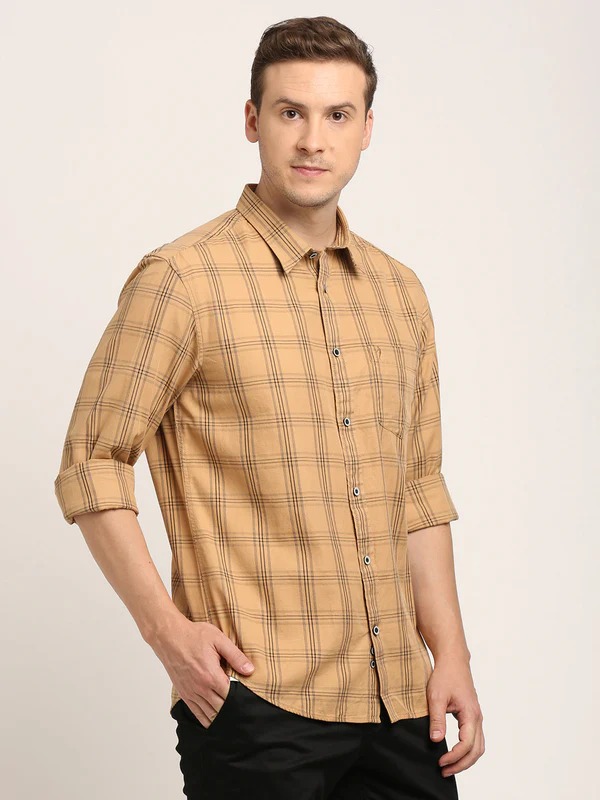 Indian Terrain Men's Regular Fit Full Sleeve Checkered Khaki Shirt